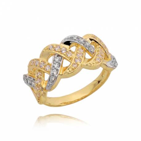 Piękny złoty pierścionek z przeplatanym wzorem i cyrkoniami