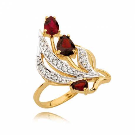 Piękny złoty pierścionek z trzema rubinami i cyrkoniami