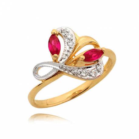 Elegancki pierścionek z wzorem literki L i dwoma różowymi cyrkoniami